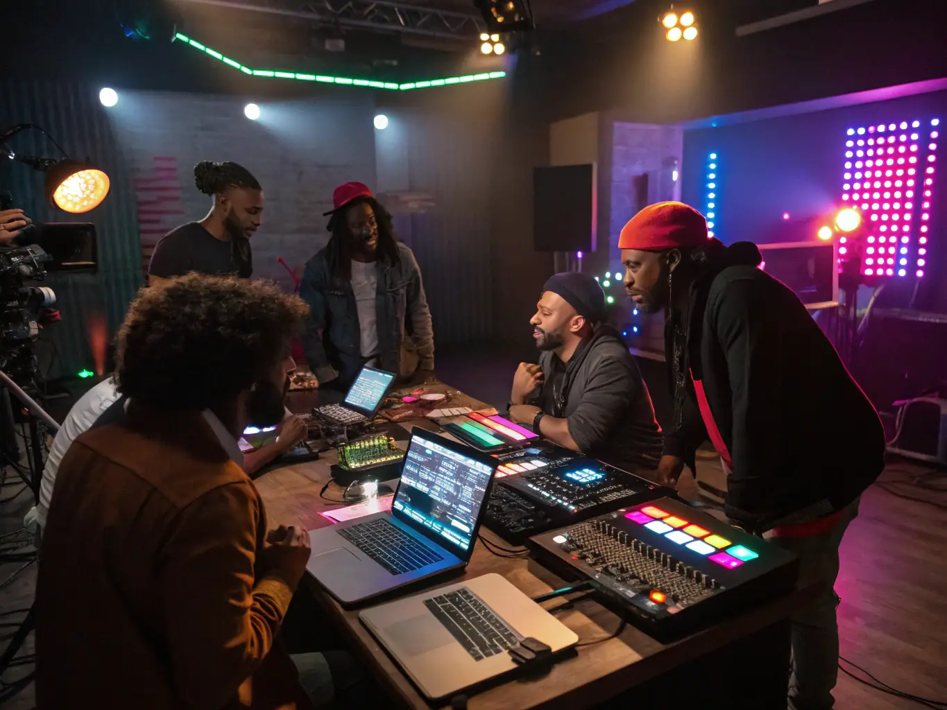 A vibrant image depicting a SECOND DEGRE workshop where participants are learning about electronic music production, showcasing hands-on engagement and skill development.