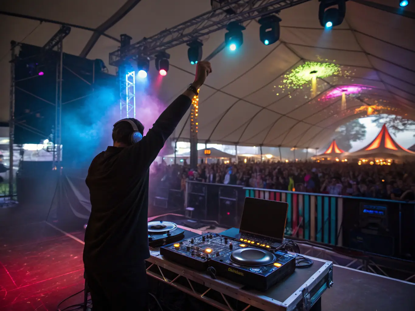 A dynamic image capturing the energy of a SECOND DEGRE-organized electronic music event, featuring a diverse crowd and a performing DJ.
