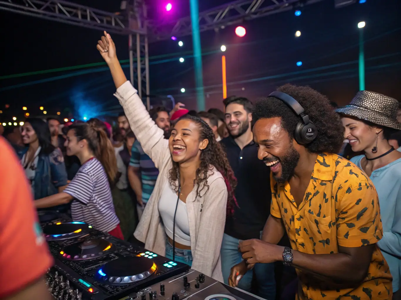 A vibrant photograph capturing the energy of a SECOND DEGRE organized electronic music event, showcasing diverse attendees dancing and enjoying the music under colorful lights.