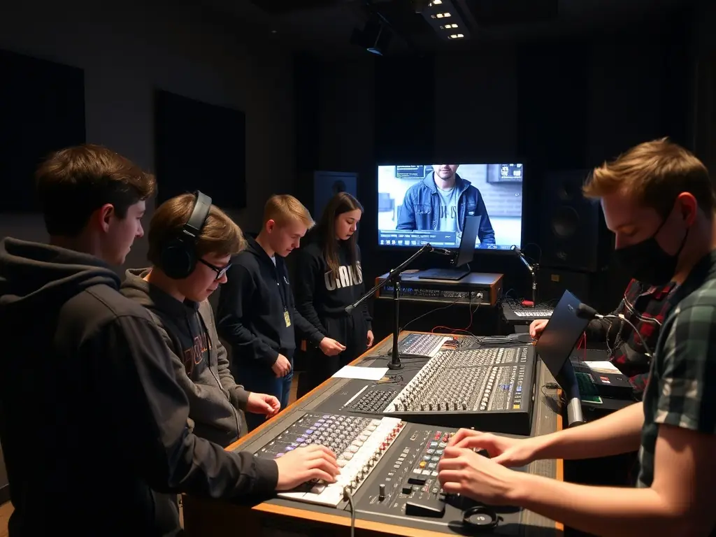 A vibrant photograph capturing a SECOND DEGRE workshop in progress, showcasing participants actively engaged in learning about electronic music production techniques. The setting is a community center, filled with modern equipment and enthusiastic learners.