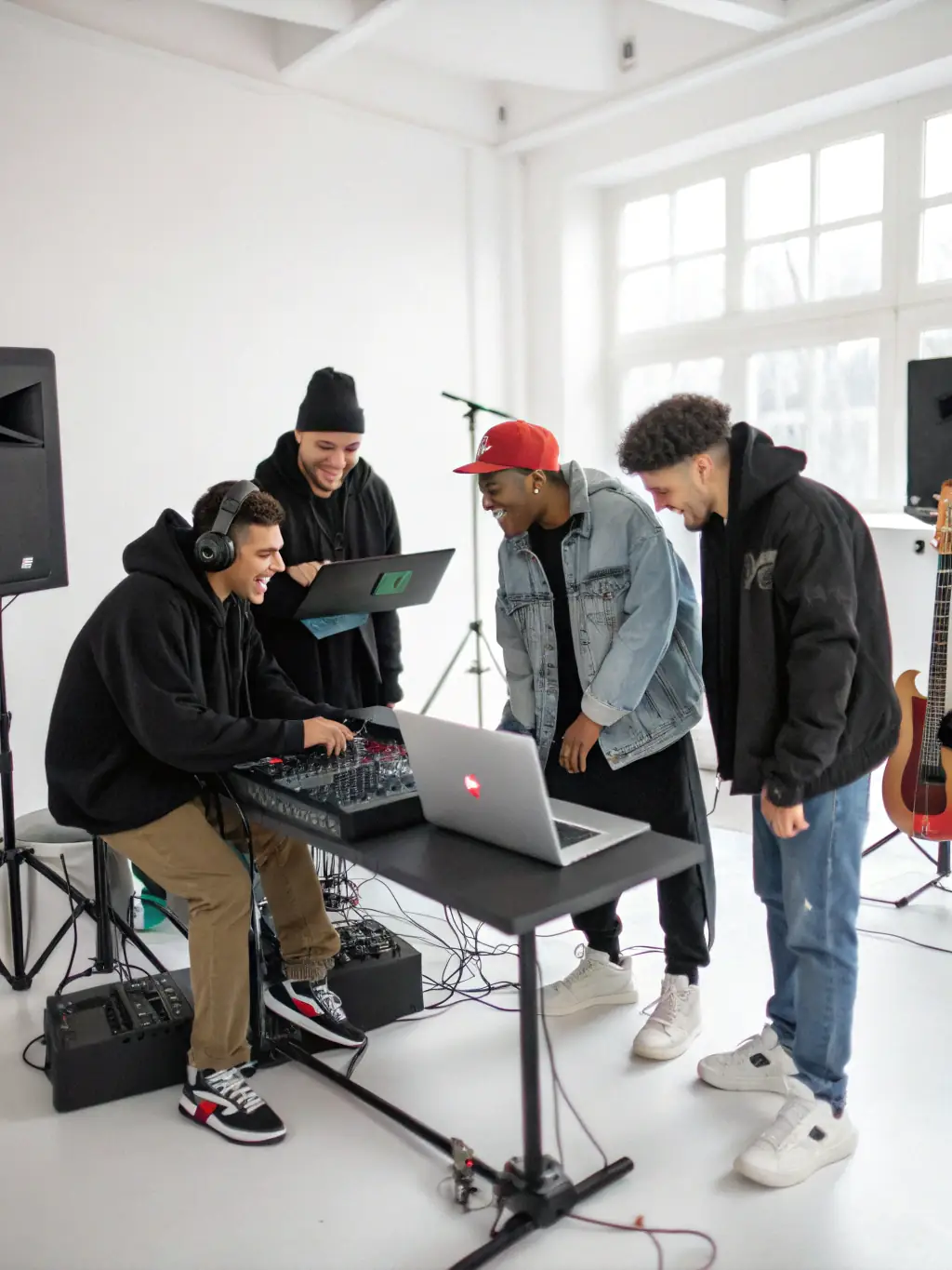 A picture of a group of young people participating in a music production class organized by SECOND DEGRE. The participants are engaged and focused, highlighting the educational aspect of the organization's programs.
