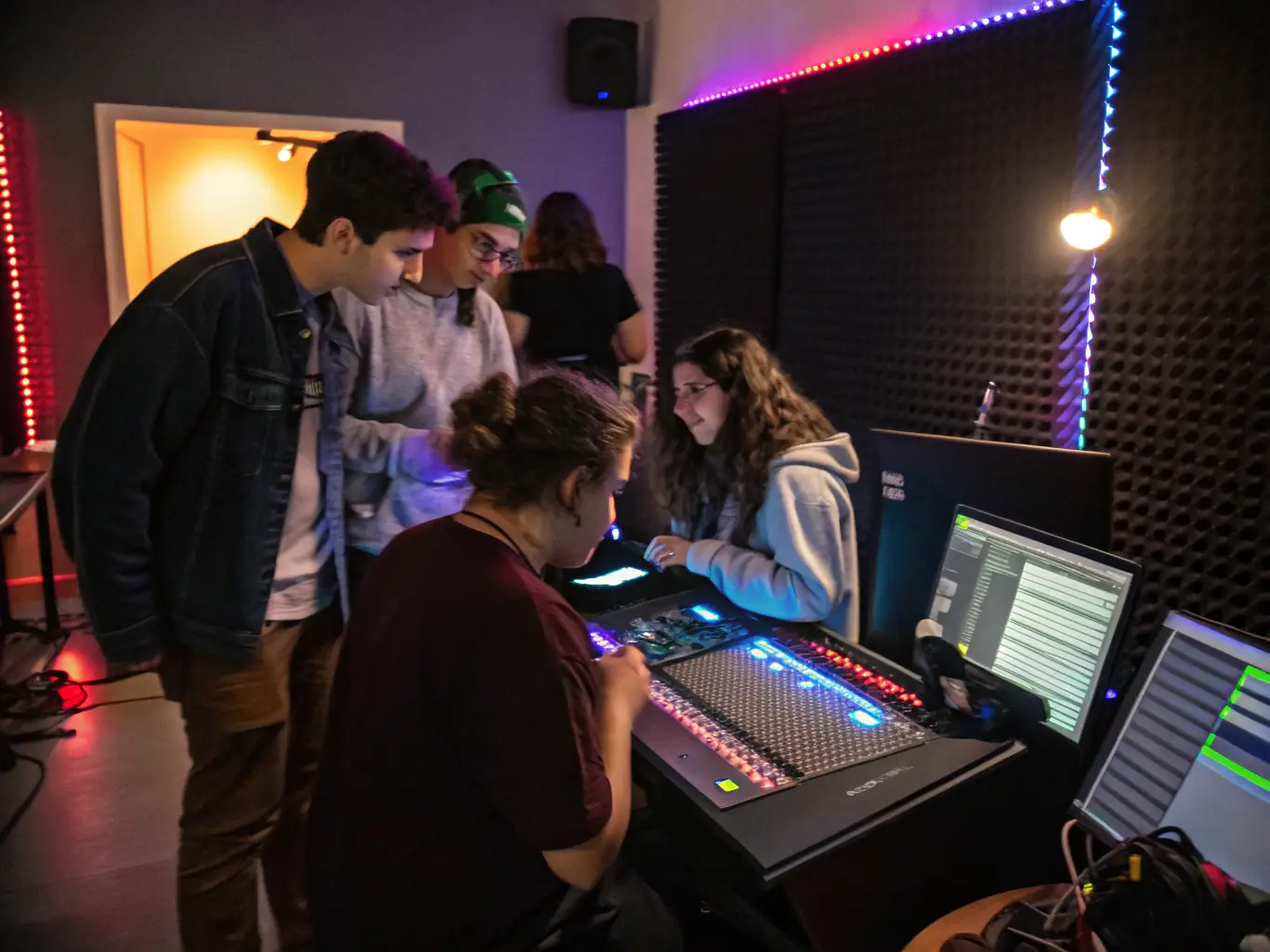 A photo of a SECOND DEGRE workshop where participants are learning about electronic music production, with instructors guiding them through the process.