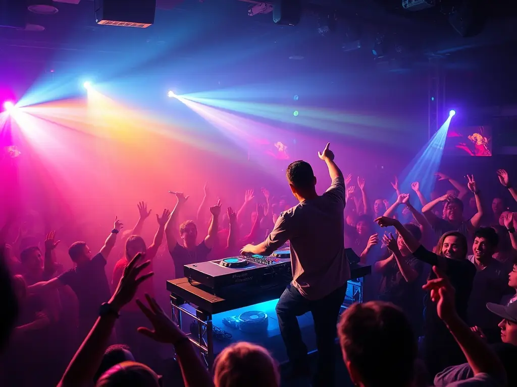 A dynamic image of a SECOND DEGRE-organized electronic music event, featuring a DJ performing on stage with a diverse crowd of attendees dancing and enjoying the music. The lighting is colorful and energetic, reflecting the vibrant atmosphere of the event.