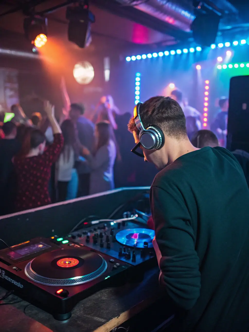A photograph capturing a DJ performing at a SECOND DEGRE event, with a diverse crowd enjoying the music and atmosphere. The lighting is dynamic, and the energy is palpable, showcasing the vibrant cultural experience.
